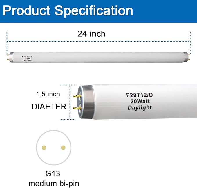 (6Pack F20T12/D Daylight 24 inch 20 watt T12 Straight Fluorescent Light Tube, 1350 Lumens, 6500K Daylight, Medium Bi-Pin G13 Base