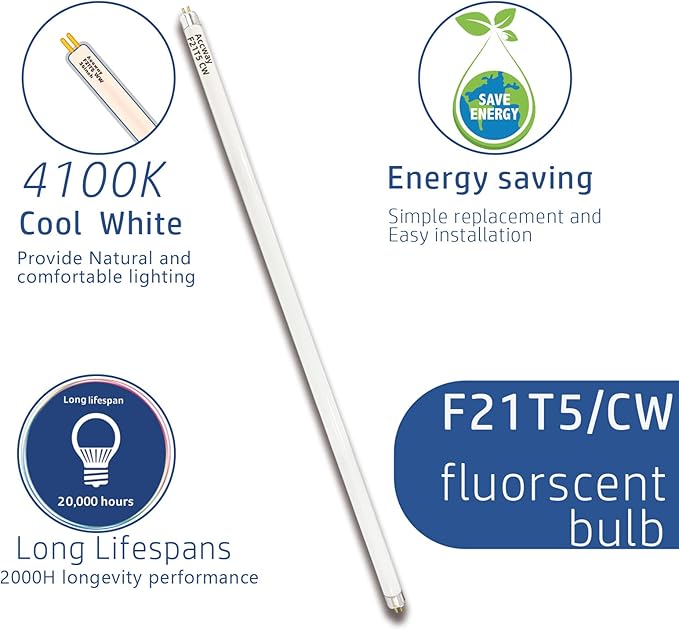 6pack F21T5/841 34 inch Cool White Fluorescent Light Bulb, 21Watt 4100K Neutral White Light T5 Type Tube, High Brightness 1780 Lumen