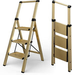Taranta 3 Step Ladder, Portable Folding Ladder with Wide Pedal, Lightweight Aluminum Step Stool with Convenient Handgrip, 330 lbs Capacity Stepladder for Home, Office - Gold