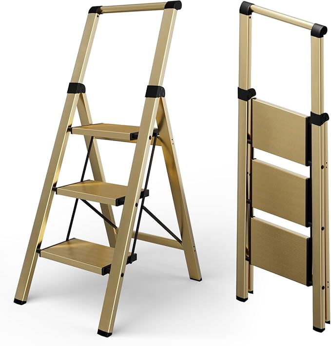 Taranta 3 Step Ladder, Portable Folding Ladder with Wide Pedal, Lightweight Aluminum Step Stool with Convenient Handgrip, 330 lbs Capacity Stepladder for Home, Office - Gold