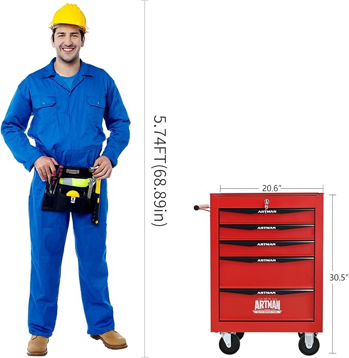 5-Drawer Steel Rolling Tool Cart with Wheels & Handle, Heavy-Duty Tool Chest Storage Cabinet for Garage and Workshop