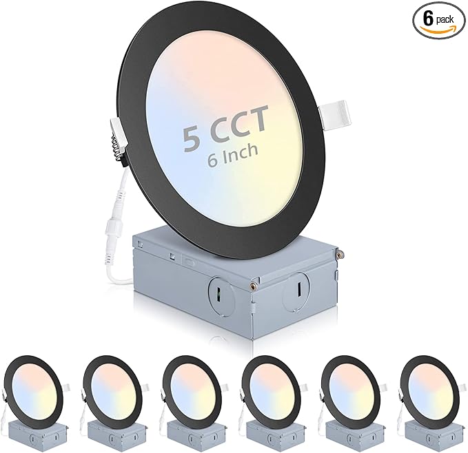 6 Pack Recessed Lighting 6 Inch with Junction Box, 5CCT 6 Inch Black LED Recessed Lights Dimmable 2700K/3000K/4000K/5000K/6000K, 15W1200lm Ultra Thin Recessed Lighting - ETL and Energy Star Certified