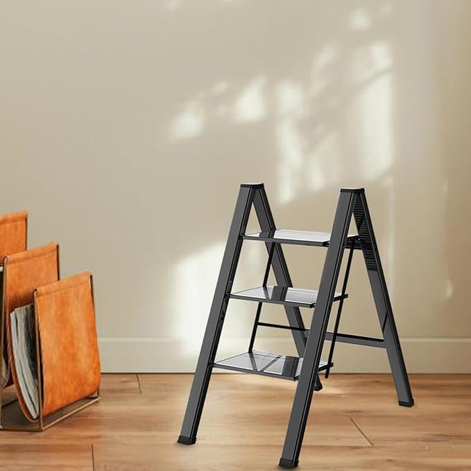 3 Step Ladder, Portable Step Ladder Folding, Lightweight Step Ladder with Anti-Slip Pedal, Aluminum Indoor and Closet, Kitchen, 330lbs - Black