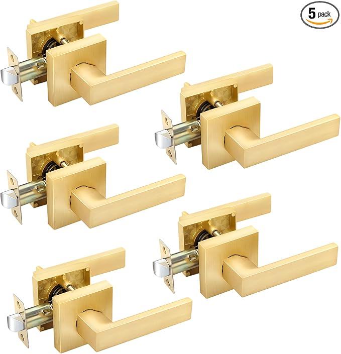 EHOMEWARE 5 Pack Hallway Closets Passage Door Levers, Modern Gold Door Handles Keyless Non-Locking, Heavy Duty Lockset Right or Left Handed Levers