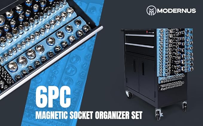 Magnetic Socket Organizer - 6-Piece Tool Storage for SAE & Metric Drive Sockets - Clear Size Markings, Deep Slots, Powerful Magnet - Holds 143 Pieces - (Sockets Not Included)