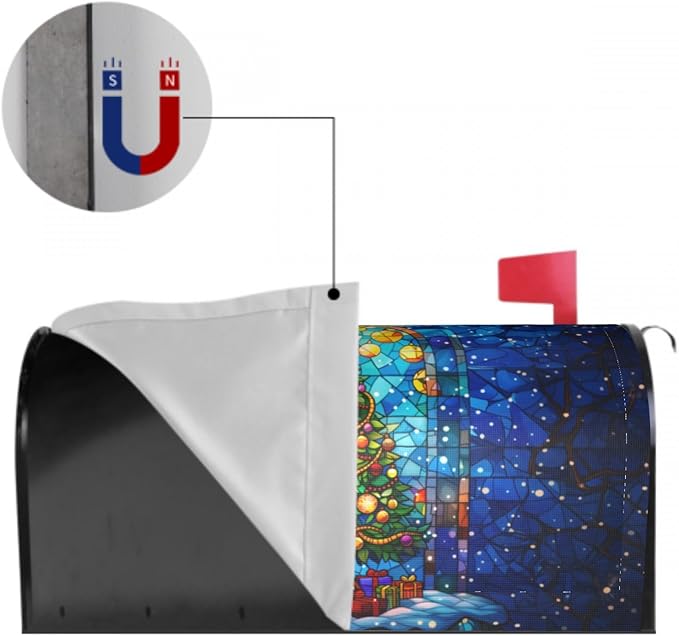 Christmas Tree Mailbox Cover - Stained Glass Blue Winter Design - Magnetic Standard Size 18 x 21 - Holiday Xmas Decorations - Happy New Year Wrap