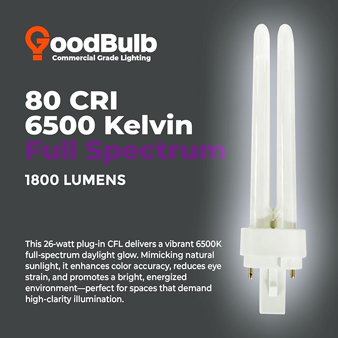 GoodBulb 26 Watt CFL Light Bulbs 2 Pin G24D-3 Base 6500K Full Spectrum 26W High Output 1800 Lumens Double Tube Compact Fluorescent Light Bulbs Plug-in 10 Pack