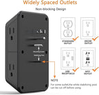 Surge Protector Outlet Extender, 6 Outlet Extender with 4 USB Charging Ports (2 USB C), 3 Sided Multi Plug Wall Adapter for Home, Office, Travel-2 Pack,Black