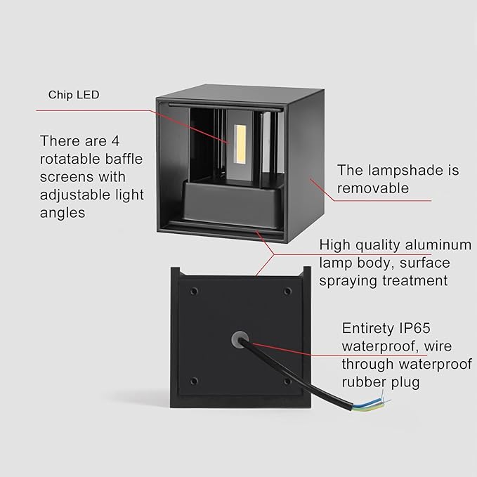 2 Pack LED 20W Outdoor Sconce Wall Lights Interior/Exterior Up and Down Lights IP65 Waterproof Sconce Outdoor Lighting Fixtures Square Aluminum Wall Mount Light Black 6500K Cold Lights