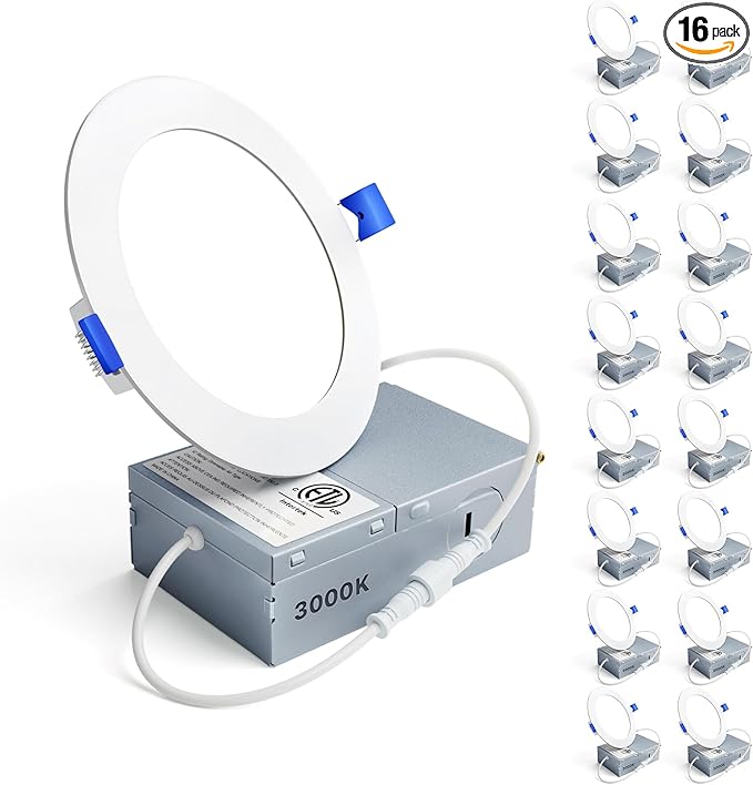 Ensenior 16 Pack 4 Inch LED Recessed Ceiling Light, Dimmable, 3000K Warm White, 750LM 9W 120V, High Brightness Canless Wafer Downlight - ETL&FCC&IC