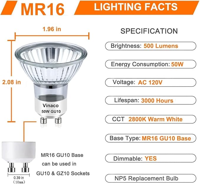 Vinaco GU10 Halogen Bulb Dimmable, GU10+c 110V 50W Candle Warmer Lamp Replacement, MR16 GU 10 50W Halogen Bulb 120V, 50 W MR16 with Glass Cover for Track&Recessed Lighting, 2800K Warm White, 6 Pack