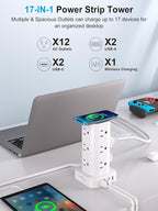 Power Strip Tower with Wireless Charger, Flat Plug Surge Protector Tower with 6FT Extension Cord, 12 AC Multiple Outlets, 4 USB (2 USB C),15W Wireless Charging Power Tower for Home Office Dorm, White
