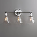 Phansthy 3-Light Wall Sconces Antique Brass Vanity Light, Industrial Wall Lamps with On Off Switch and Clear Glass Lampshade, Vintage Wall Lighting for Bathroom Living Room (Chrome, Cone Shade)