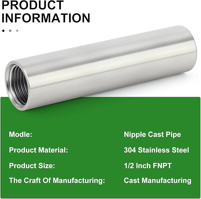 TAISHER 2PCS Stainless Steel Pipe Fittings, 1/2" NPT x 1/2" NPT Female Threaded, 4" Length Nipple Cast Pipe