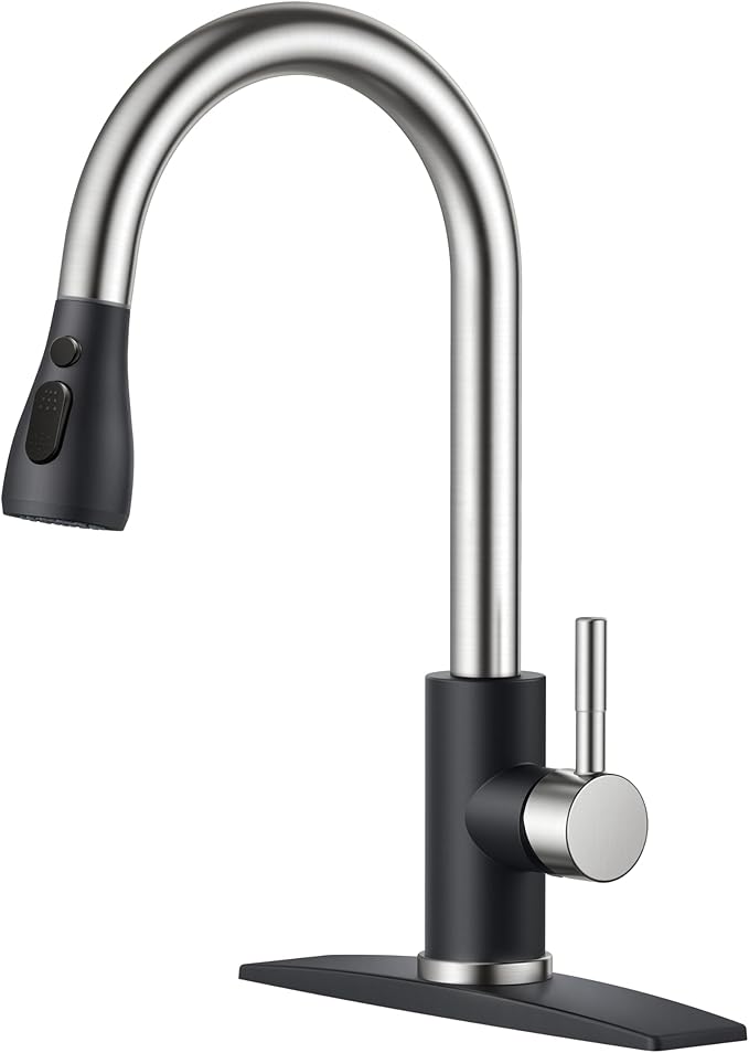 FORIOUS Kitchen Faucets with Pull Down Sprayer, High Arc Single Handle Classic Stainless Steel Sink Faucet 1 or 3 Hole, Suitable for Farmhouse Camper Laundry Rv Bar, Black Brushed
