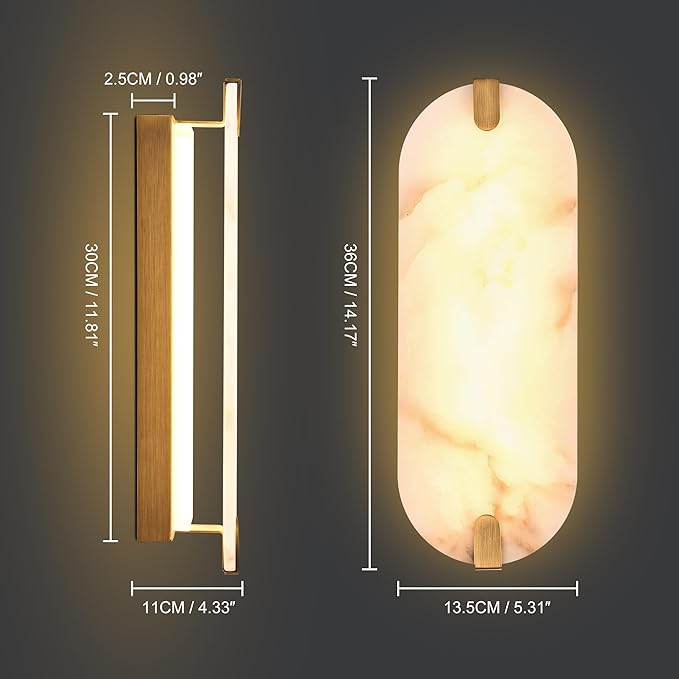 14.17in Alabaster Wall Sconces, Natural Marble Wall Light Set of Two, Modern LED Alabaster Sconces for Living Room Indoor Wall Lamps for Dining Room Stairs Bedroom,Brushed Gold