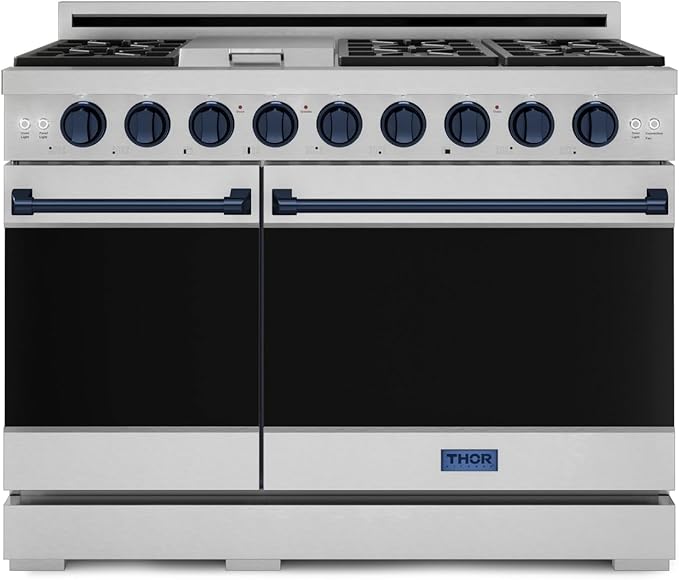 Gordon Ramsay by THOR Kitchen 48 Inch Professional Gas Range with Double Oven in Stainless Steel/Blue