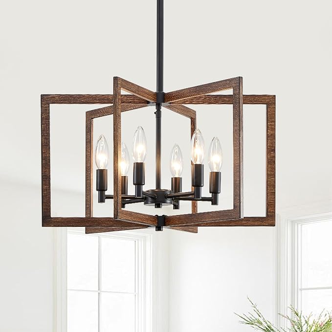 Modern Farmhouse Chandelier, 20'' Black and Wood Grain Dining Room Light Fixture, Geometric Pendant Light for Living Room Kitchen Bedroom Hallway, 6-Light Adjustable Hanging Chandelier Lamp