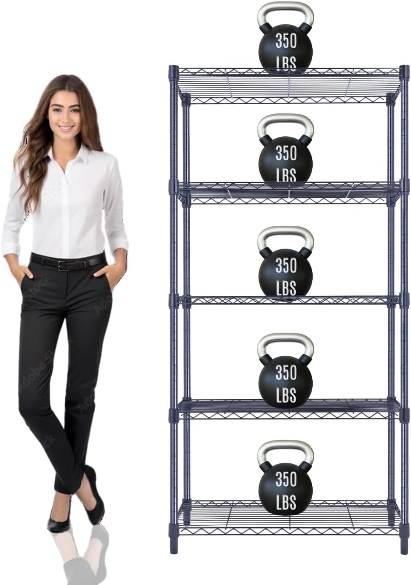 30"x14"x60" PRIME HEAVY DUTY Black 5-Tier Wire Shelving 1,750 LBS MAX Capacity Storage Rack for Commercial, School, Home, Garage, Warehouse, Industrial, and Hospital Uses (with Wheels)