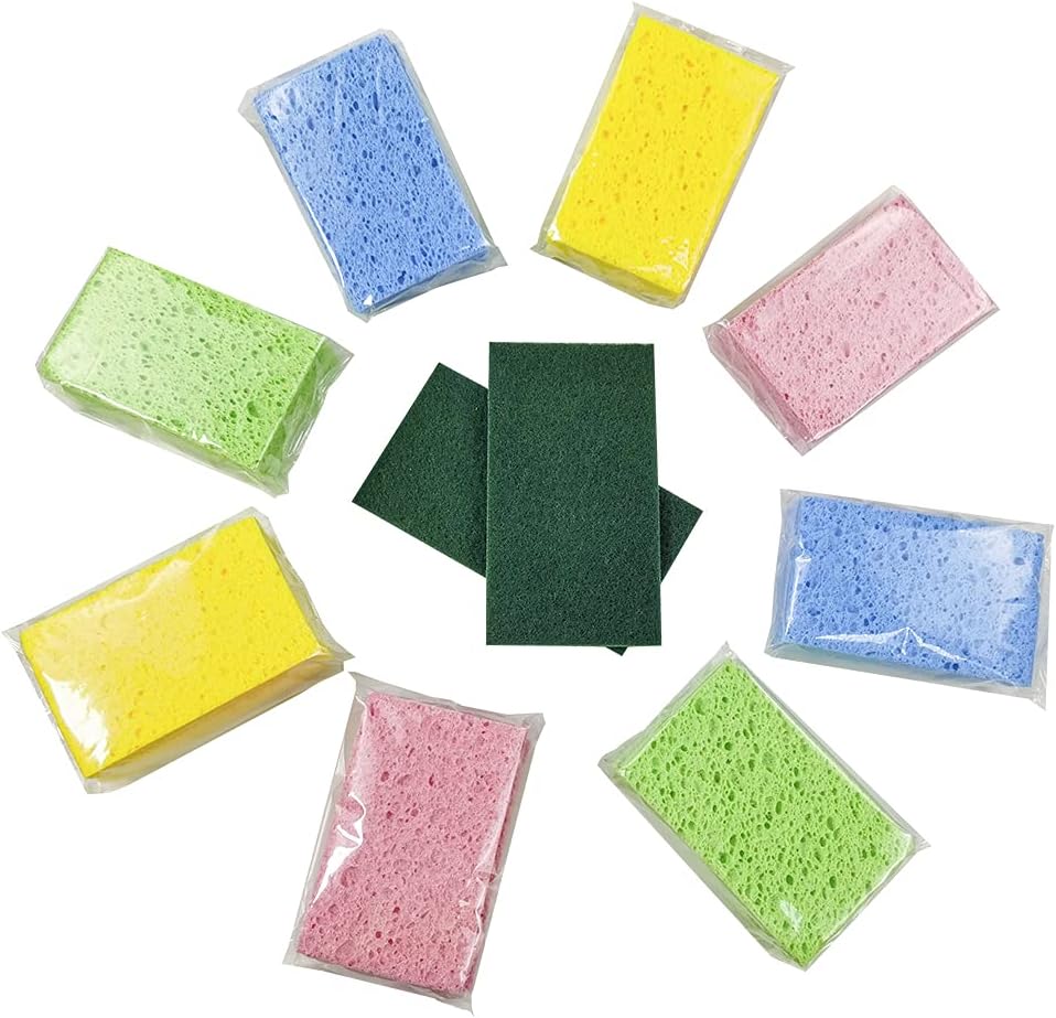 Cellulose Sponges Kitchen, for Washing Dishes, in Bulk, 24 Pack (3 Count x 8 Individually Wrapped + 2 Free Scouring Pads), 100% Natural Biodegradable