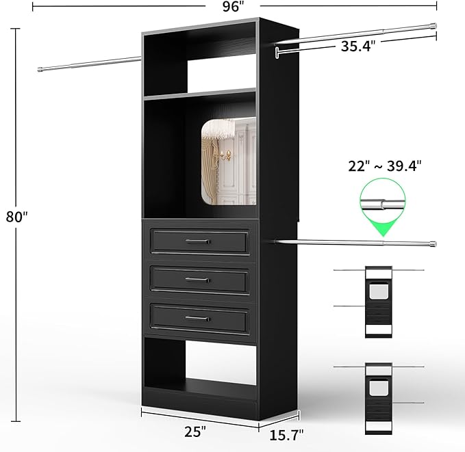Unikito 8FT Closet System with Mirror, 96 Inch Walk in Closet Organizer Kit with Drawers and 3 Extendable Hanging Rods, Sturdy Wood Clothing Garment Rack with 25” Tower, Max Load 1000 LBS, Black