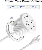 Desktop Power Grommet, 65W USB C Fast Charging, Flush Mount Recessed Power Strip 3-Inch Hole, 2 Outlets, 4 USB Ports, Countertop Outlet (White)