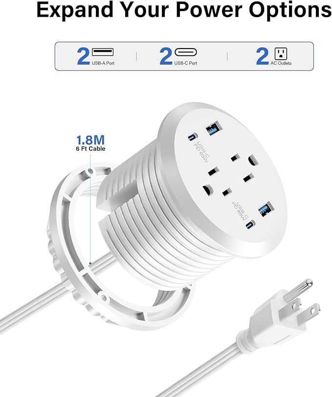 Desktop Power Grommet, 65W USB C Fast Charging, Flush Mount Recessed Power Strip 3-Inch Hole, 2 Outlets, 4 USB Ports, Countertop Outlet (White)