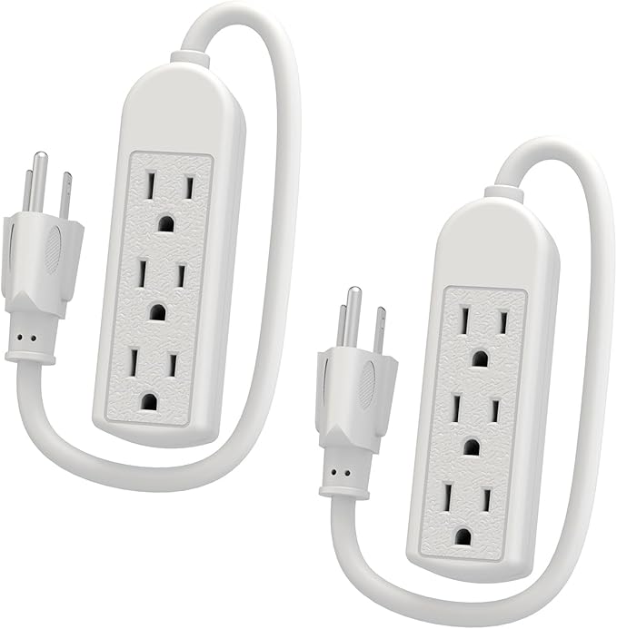 2-Pack Power Strip 3 Prong Outlet - Slim White 3 Grounded Outlets 1ft Heavy Duty Extension Power Cord Power Strip Ideal for Computer/Phone/Home/Office (13A/125V/1625W/ETL Listed)