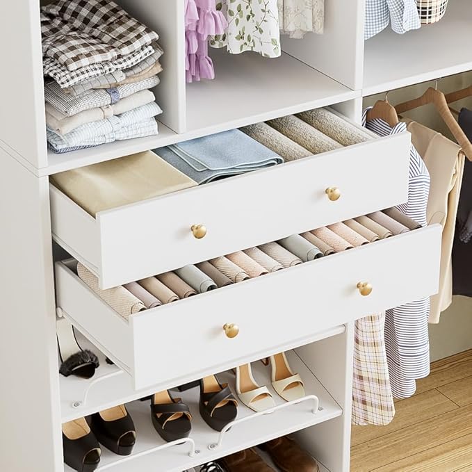 5FT Closet System with Drawers, 96 Inches Walk In Closet Organizer System with Shoe Rack, 3 Hanging Rods, Wall Mount Bedroom Wardrobe Clothes Garment Rack