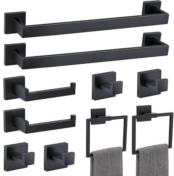 TNOMS Matte Black 10 Pieces Bathroom Hardware Accessories Set Towel Bar Set Towel Holder Racks Set for Bathroom,SUS304 Stainless Steel,Wall Mounted 16-Inch
