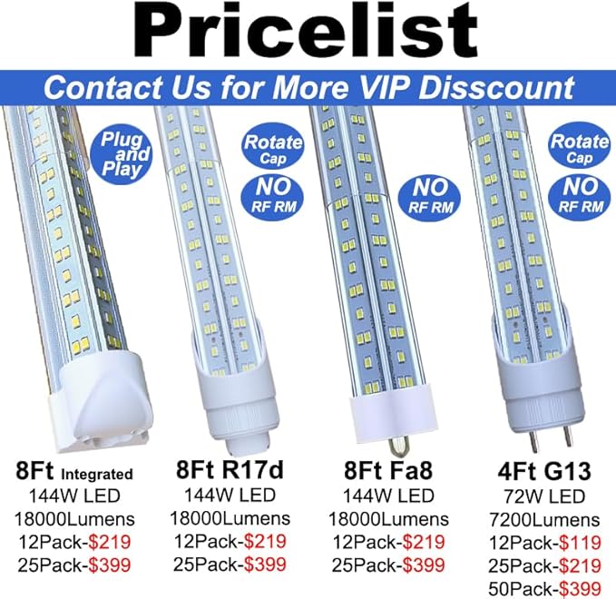 8Ft Led Ballast Bypass Bulbs Single Pin 144W, F96t12 Replacement Single Pin FA8 8 Foot Led Shop Lights, T8 T0 T12 Tube Lights 6500K Clear Cover NO RF FM Interference 12PACK