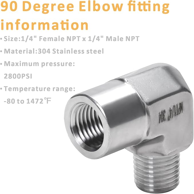 90 Degree Street Elbow - 1/4" NPT Male to 1/4" NPT Female Stainless Steel 304 Heavy Duty Forged Barstock Street Elbow Adapter Pipe Fitting (pack of 2)