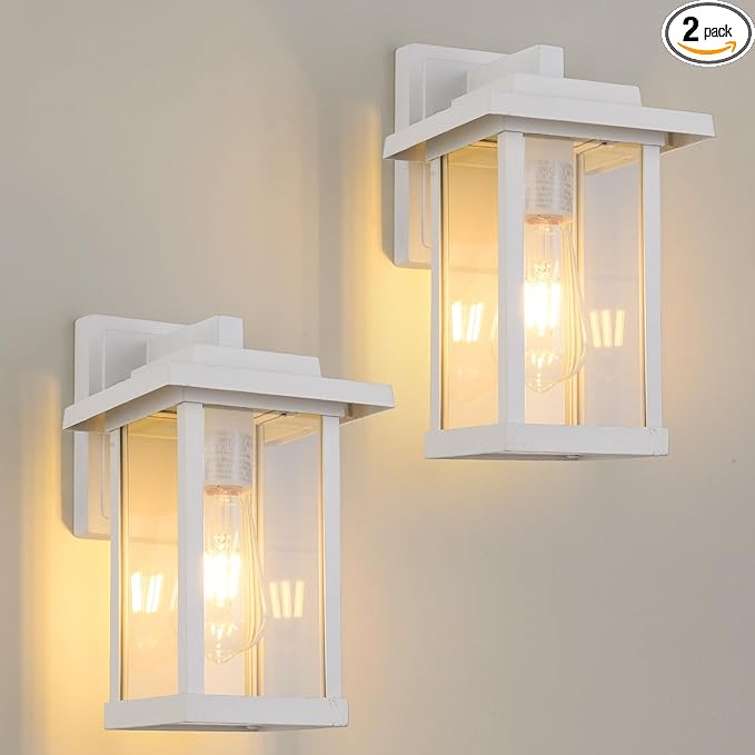 Outdoor Wall Sconce, Outside Porch Light Fixtures, Anti-Rust Exterior Wall Lights in Matte White Finish with Clear Glass for Garage Doorway Entryway, 2 Pack