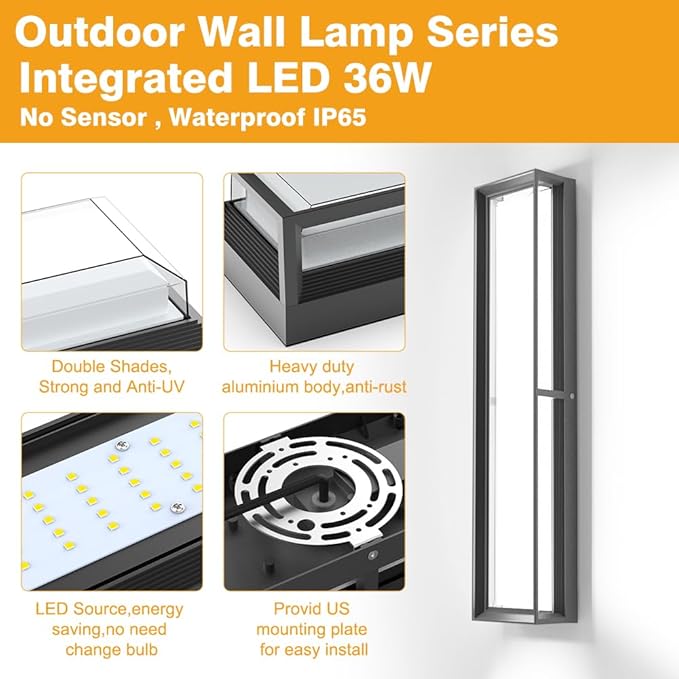 Sytmhoe Outdoor Wall Lights, 23.6in 10%-100% Dimmable 6000K LED Modern Patio Wall Light Fixture, Aluminum&PC Black Exterior Sconce Wall Mounted Lights,Suitable for Garage Courtyard House(6000K)