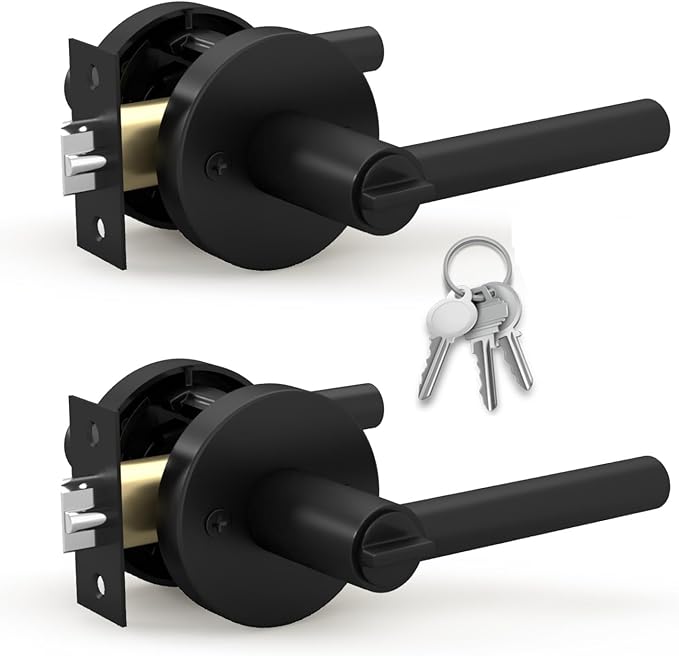 Mega Handles Ronn Entrance Entry Lever Door Handle Heavy Duty Round Locking Lever Set for Left or Right-Handed Doors, Interior/Exterior Door Levers - Matte Black (2 Pack) Keyed Alike