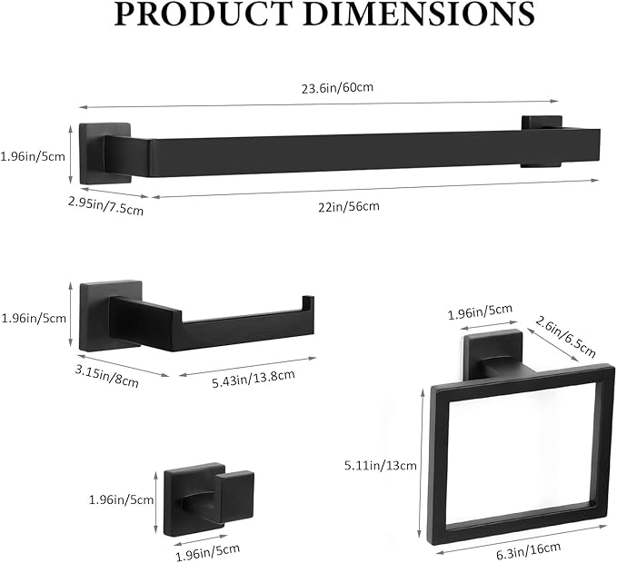 10-Piece Matte Black Bathroom Hardware Set,Towel Bar Set for Bathroom Include 23.6 inch Towel Bar,Towel Ring,Toilet Paper Holder Towel Hooks,Stainless Steel Wall Mounted