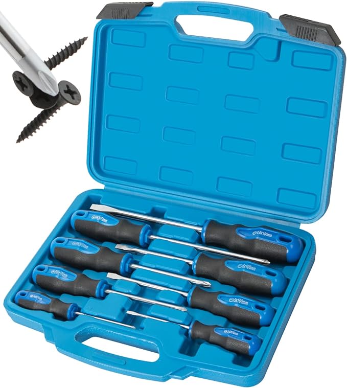 ROTATION 8-Piece Magnetic Screwdrivers Set with Nichrome tip, 4 Phillips and 4 Slotted Tips, Professional Cushion Grip Screwdriver Set with High Torque (8pc_silver tip_gloss)