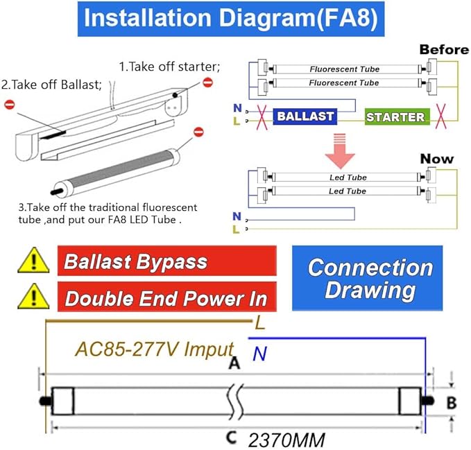 8Ft Led Ballast Bypass Bulbs Single Pin 144W, F96t12 Replacement Single Pin FA8 8 Foot Led Shop Lights, T8 T0 T12 Tube Lights 6500K Clear Cover NO RF FM Interference 12PACK