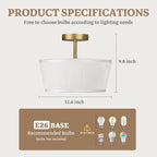 Gold Semi Flush Mount Ceiling Light Fixture,3-Light Ceiling Mount Drum Light Fixture with White Fabric Shade,12.6inch Modern Close to Ceiling Lamps for Living Room, Bedroom, Dining Room,Hallway