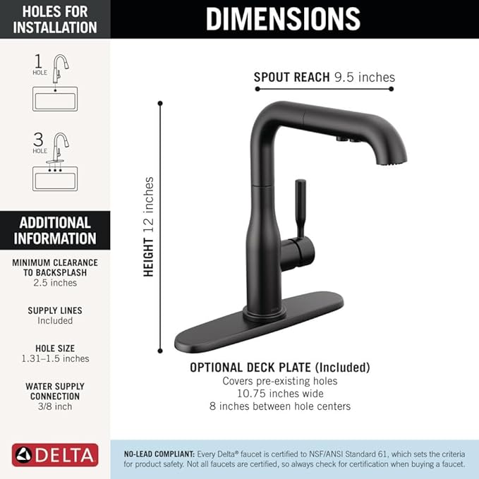 Delta Almari Matte Black Kitchen Faucet with Pull-Out Sprayer, Modern Single Hole Kitchen Sink Faucet, Single Handle, Matte Black 16943-BL-DST