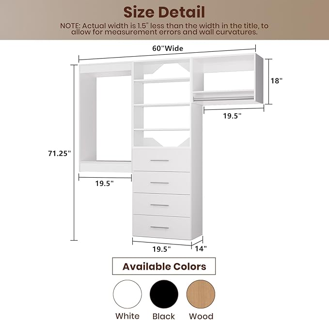 ROOMTEC Modular Closet System, 60" Wall Mounted Closet Organizer with Hanging Rods and Drawers, Modern Wooden Tower for Walk-In Closets, Wardrobe Storage Kit, White