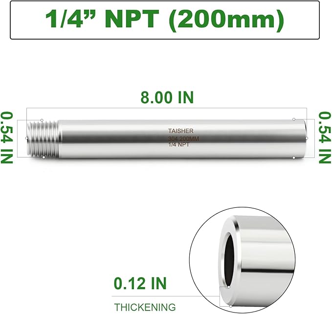 TAISHER 2PCS 304 Stainless Steel Pipe Fittings, 1/4" NPT Male Threaded, 8" Length Weld Nipple Cast Pipe