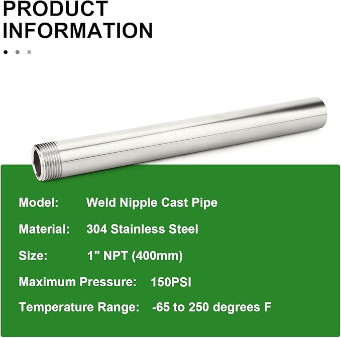 TAISHER 1PCS 304 Stainless Steel Pipe Fittings, 1" NPT Male Threaded, 10" Length Weld Nipple Cast Pipe