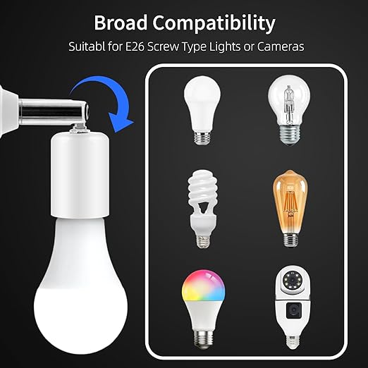 Ceramic E26 Light Bulb Socket Extender - 5.5inch Long - 90 Degree Angle Adjustable- 150W Max and Fire-Resistant - Light Extension for Medium Bulb Socket (2)