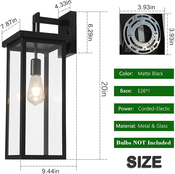 tewei 2 Pack Large Size Outdoor Wall Lantern Exterior Wall Light Fixture, 20 In Matte Black Porch Light Waterproof Outdoor Lights for House with Clear Glass Shade, E26 Base Exterior Sconces for Garage
