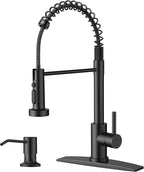FORIOUS Black Kitchen Faucet with Soap Dispenser, Stainless Steel Single Handle Modern Spring Commercial Sink Faucet with Pull Down Sprayer for Laundry & Utility Room RV Camp Bar Farmhouse