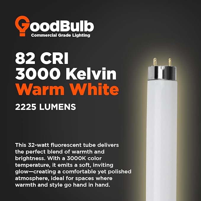 GoodBulb 25W 36 Inch T8 Fluorescent Light Bulb 3000K Warm White Light Medium Bi-Pin Base 2225 Lumens 86 CRI 36000 Life Hours Instant/Programmed Start 25 Bulbs Pack