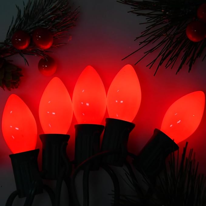 25 Pack Red Christmas Light Bulbs C7 Replacement Bulbs Nightlight Bulb, Vintage Red C7 Christmas Lights Replacement Bulbs for Xmas Home Bedroom Tree Window Candle String Lights Decor, E12 Base, 5W