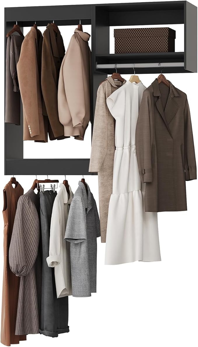 Modular Closet Organizer, 49" Wide with Hanging, Wood Tower Storage for Walk-in Closet, Wall-Mounted Wardrobe Organizer Kit, Black