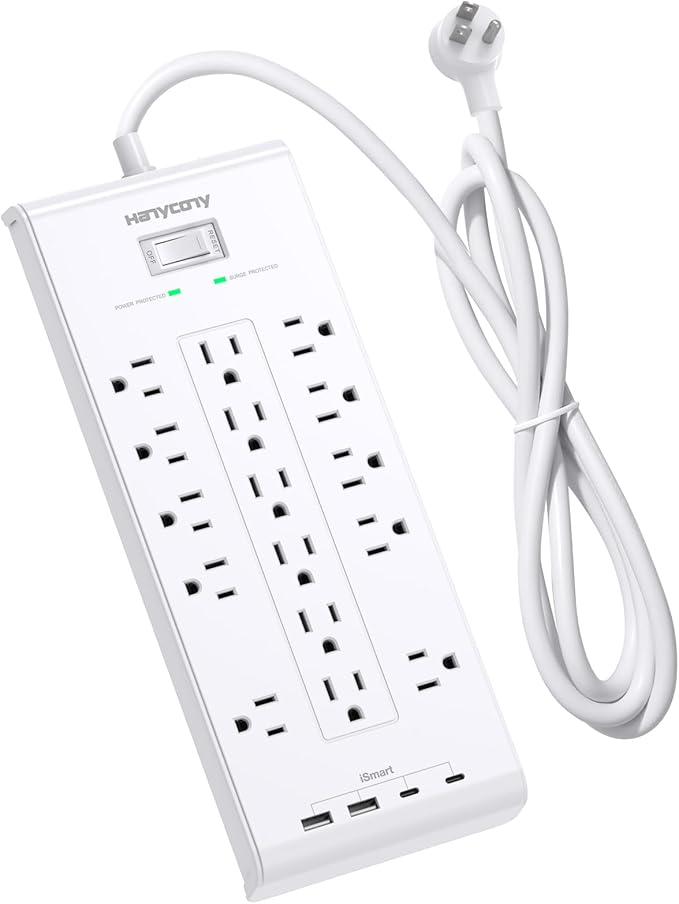 HANYCONY Surge Protector Power Strip 10 Ft, 16 Outlets 4 USB Ports(2 USB C), Flat Plug Heavy Duty Extension Cord, 2700 Joules, Wall Mount for Home Office, ETL Listed, White